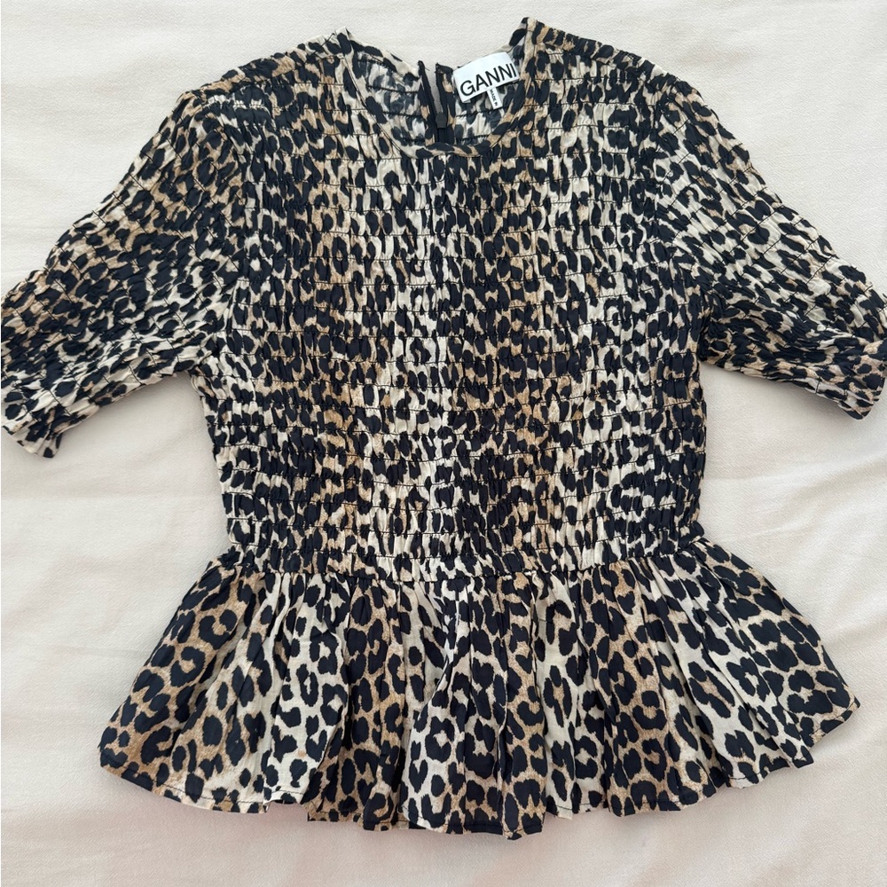 Ganni Leopard Peplum Hem Short Sleeve Blouse Size 6 Animal Print